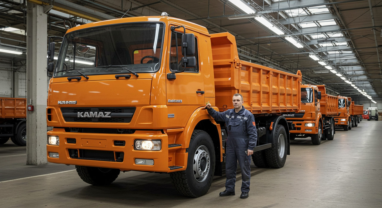 Российский грузовик КАМАЗ с двигателем Cummins на территории завода в Набережных Челнах